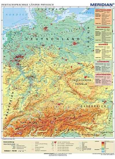 Deutschsprachige Länder physisch - kraje niemieckojęzyczne mapa